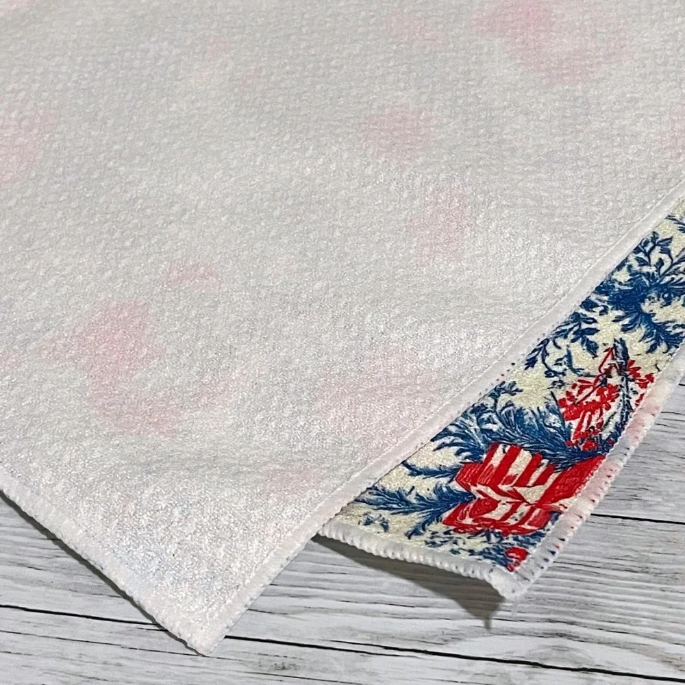 Christmas Santa Claus Toile Kitchen Towel Red Blue Holiday Decor Vintage Style